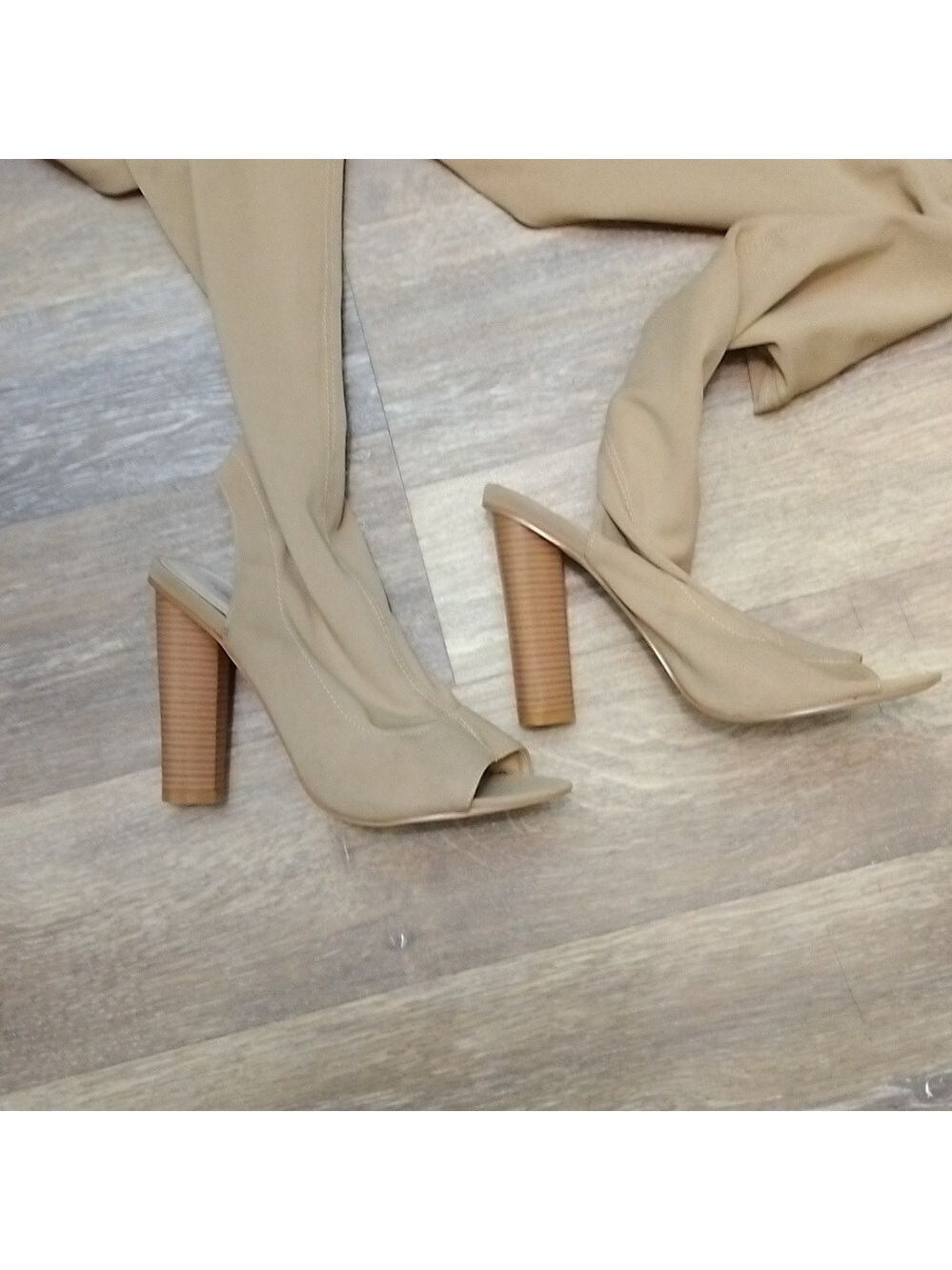 Public Desire Size 7 Tan Suede Peep-Toe Cutout Over-The-Knee Heel Boots - Picture 4 of 7